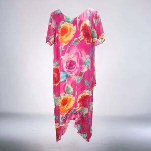 Vintage 90s Colorful Floral Shift Dress Size 20W Pink Midi Chiffon Overlay